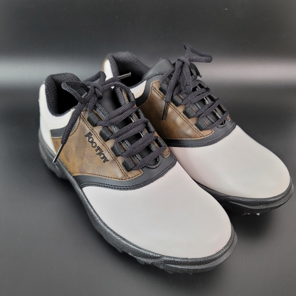FJ FootJoy GreenJoys Men Sz 7 M Golf Shoe Soft Spikes White Brown 45516 EUC - Picture 1 of 12